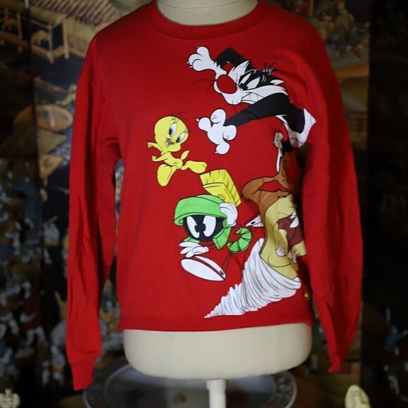 Small Looney Tunes Red Sweater Front and Back Printed with Bugs Daffy Marvin Taz - Picture 1 of 3